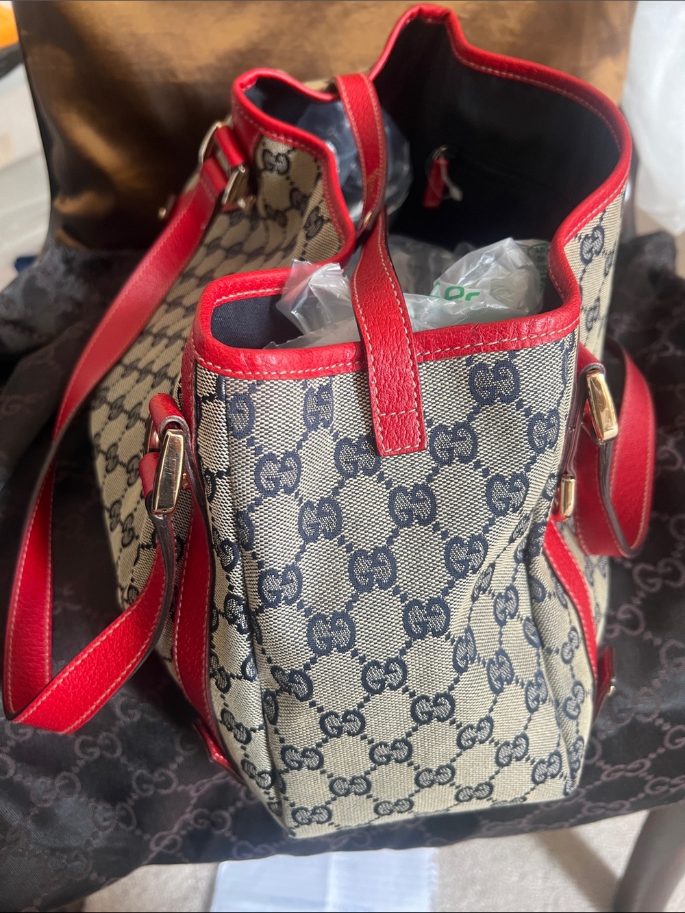 Gucci Beige with blue GG Canvas Shoulder Bag with Red Leather Trim. - Picture 6 of 8